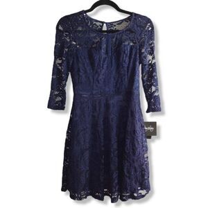 Navy Blue 3/4 Sleeve Lace Floral Detail Dress Size 3 By & By